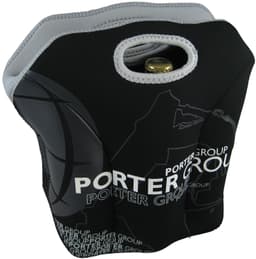 A black and grey insulated drink holder featuring a handle and logo, designed to carry drinks.