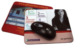 A rectangular mouse pad featuring a red and white design with a black computer mouse on top. It includes a logo.