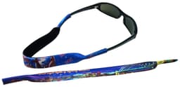A black pair of sunglasses with a blue and multicoloured sunglass strap featuring a scenic design and a logo.