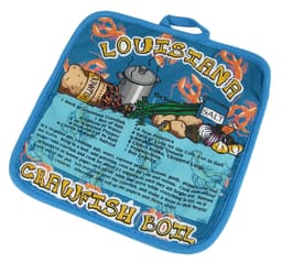 A blue pot holder featuring a Louisiana crawfish boil design, with illustrations of ingredients and a cooking pot.