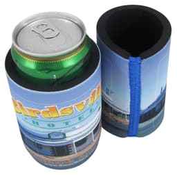 A drink can cooler in blue with a promotional design, accommodating a standard can. It includes a secure band for closure.