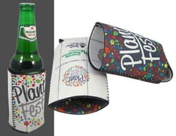 A drink bottle surrounded by a colourful reversible bottle cooler featuring a floral design and a logo.