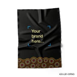 A black microfiber tea towel featuring a colourful patterned border and space for branding.