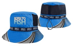 A blue fishing bucket hat featuring mesh sides and a branded band. The design includes black and silver accents.