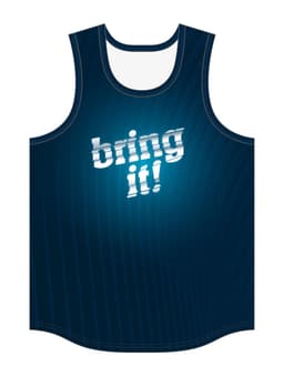 A blue adult unisex singlet with a wavy pattern and a logo on the front.