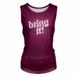 A maroon singlet featuring a print with the text “bring it!” and a logo.