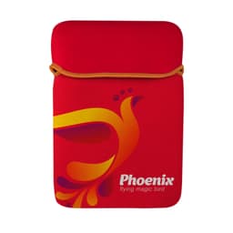 A vibrant red tablet sleeve featuring a stylised bird design and an orange drawstring. It includes a logo.