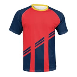 A unisex raglan t-shirt featuring red and navy colours with a yellow collar and striped design. Includes a logo.