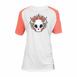 A raglan T-shirt for ladies featuring a skull design with flames, white body and coral sleeves. It has a logo.