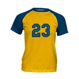 A youth raglan T-shirt featuring a yellow body and blue sleeves, with the number 23 printed on the front.