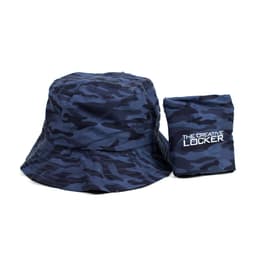 A navy camouflage bucket hat with a matching pouch. The hat has a logo on the side.