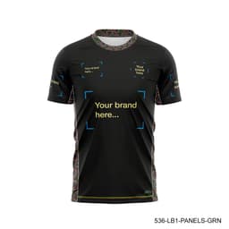 A black sports T-shirt featuring vibrant patterned accents and areas for branding.