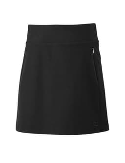A black skort featuring a fitted waistband and side zip pockets, with a logo on the hem.