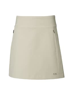 A light green skort with a fitted waistband and side pockets, featuring a logo on the front.