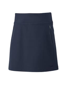 A navy skort featuring a flat waistband and side zip pockets, with a logo on the hem.