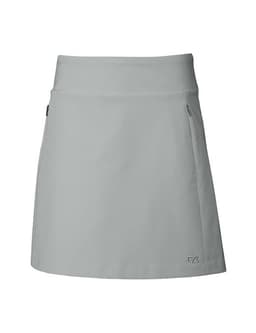 A grey skort with a flat waistband, featuring a side pocket and a small logo. Ideal for active wear.