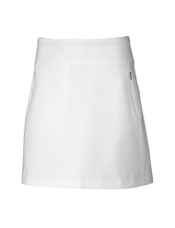 A white skort with a sleek design featuring zippered pockets and a logo on the front.