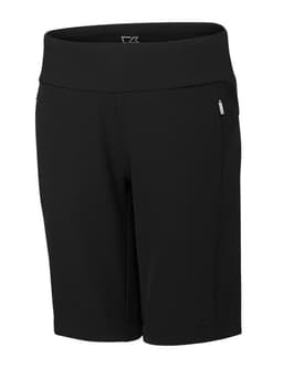 A black pull-on short featuring a sleek design, with pockets and a branded logo. Suitable for casual wear.