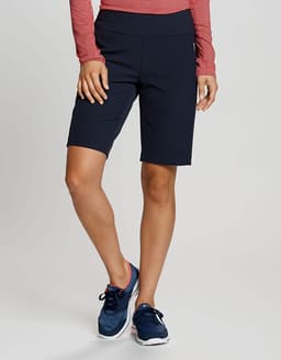 A pair of navy dress shorts with a fitted design, featuring a logo and styled for active wear.