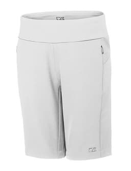 Light grey dress shorts with a wide waistband and a side pocket, featuring a brand logo.