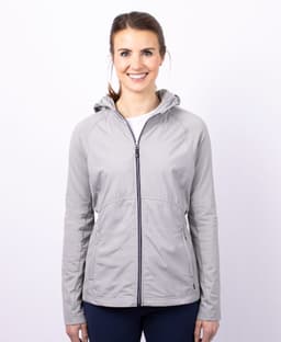 A grey full zip ladies' jacket with a hood, featuring a branded logo on the front.