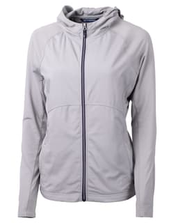 A light grey full zip jacket for women with a hood and a logo, featuring a fitted design.