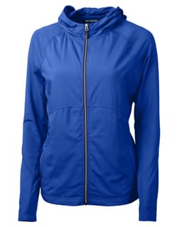 A blue ladies' full zip jacket with a hood and a zippered front, featuring a logo on the chest.