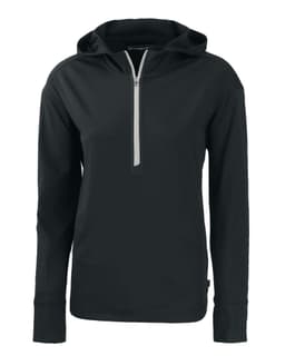 A black ladies' half zip hoodie with a hood and long sleeves, featuring a front zipper and a small logo.