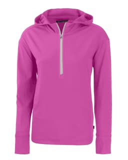 A pink half-zip hoodie with a hood and long sleeves, featuring a logo on the front.