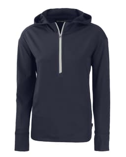 A navy ladies' half zip hoodie with long sleeves and a hood. It features a front zip and has a logo.