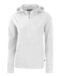 A white half zip hoodie with long sleeves and a hood, featuring a logo on one side.