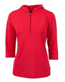 A red eco pique half-zip jacket with three-quarter sleeves. It includes a hood and features a branding logo.