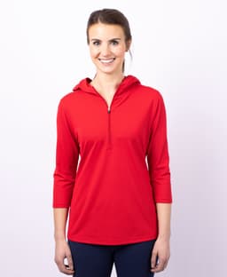 A red half-zip jacket with three-quarter sleeves and a hood, featuring a logo.