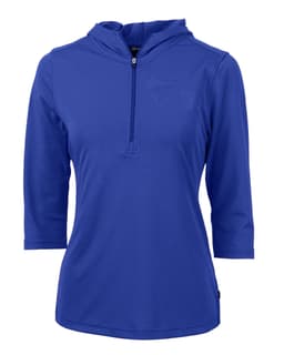 A blue half-zip jacket with a hood and three-quarter sleeves, featuring a logo.