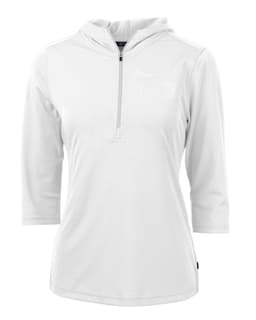 A half-zip jacket in white, featuring three-quarter sleeves and a hood, with a logo on the side.
