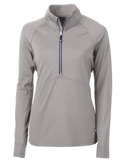 A grey ladies' half zip jacket featuring long sleeves and a branded logo.
