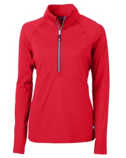 A red half-zip jacket for ladies with long sleeves and a front zip pocket, featuring a logo on the side.