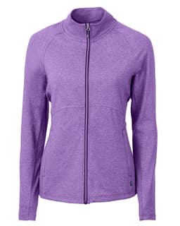 A purple full zip jacket designed for women, featuring a slim fit and a logo on the sleeve.
