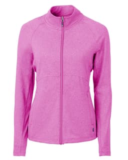 A pink full zip jacket with long sleeves and a zippered front, featuring a logo on the side.
