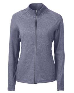 A grey full zip jacket with a high collar and a fitted design, featuring a logo on the side.