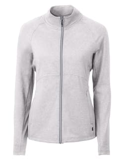 A light grey full zip jacket with long sleeves, featuring a fitted design and a logo on the front.