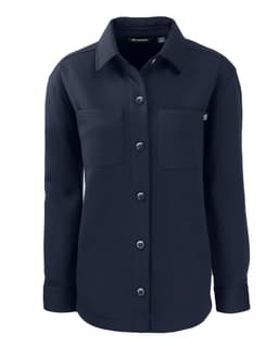 A navy eco shirt jacket with a button-up front and two chest pockets, featuring a logo.