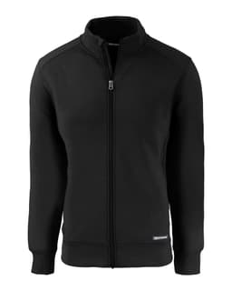 A black full zip jacket with a high collar, featuring a logo on the side and a fitted design.