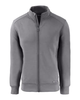 A grey eco-friendly full zip jacket with a high collar and a logo on the side.