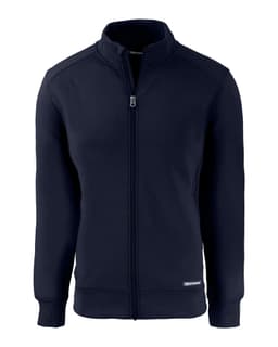 A navy full zip jacket featuring a stand-up collar and a logo on the side.