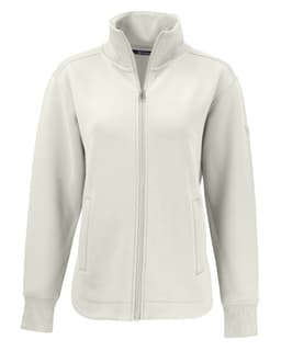 A light grey eco-friendly full zip jacket with a high collar and side pockets, featuring a logo on the sleeve.