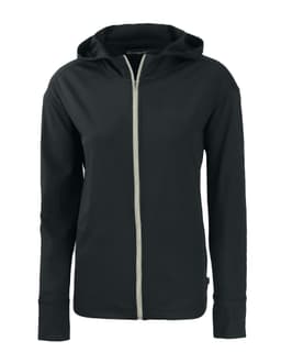 A black full zip hoodie with a hood, featuring a logo on one side.