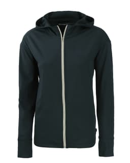 A black full zip hoodie featuring a hood and long sleeves, with a subtle logo on the front.