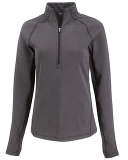 A grey half-zip jumper with long sleeves, featuring a zip at the neck and a logo on the chest.