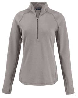 A grey half-zip jumper with long sleeves, featuring a quarter-length zipper and a logo on the chest.